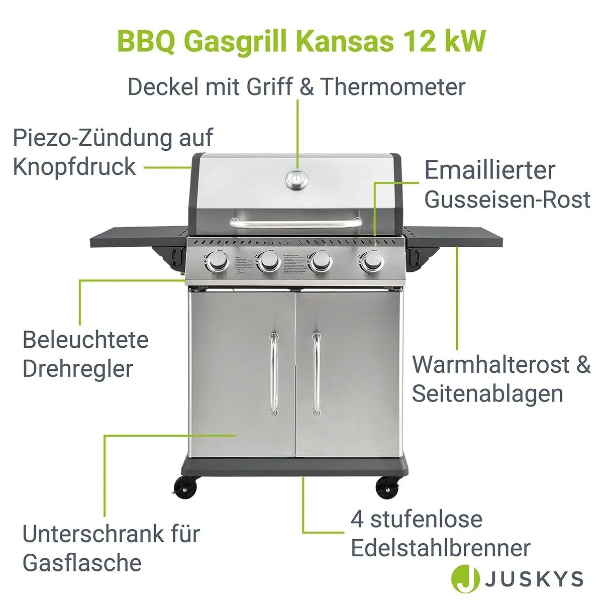 Juskys Kansas Gasgrill, 4 Brenner, 12 kW, beleuchtete Regler 3