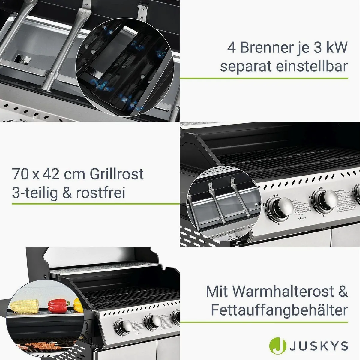 Juskys Kansas Gasgrill, 4 Brenner, 12 kW, beleuchtete Regler 4