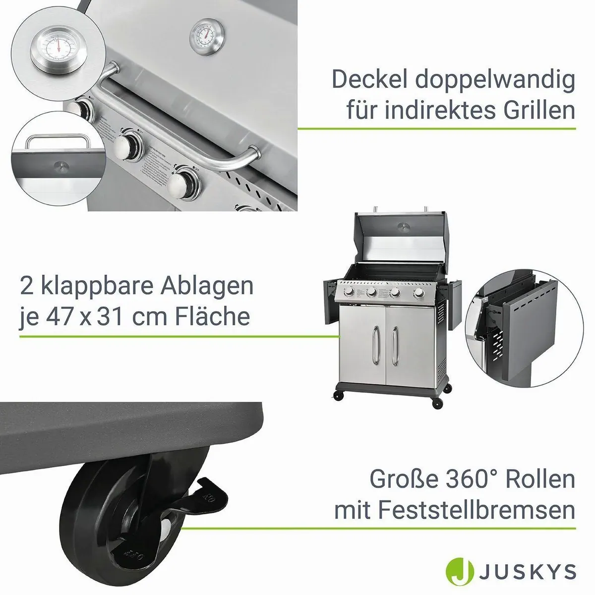 Juskys Kansas Gasgrill, 4 Brenner, 12 kW, beleuchtete Regler 5
