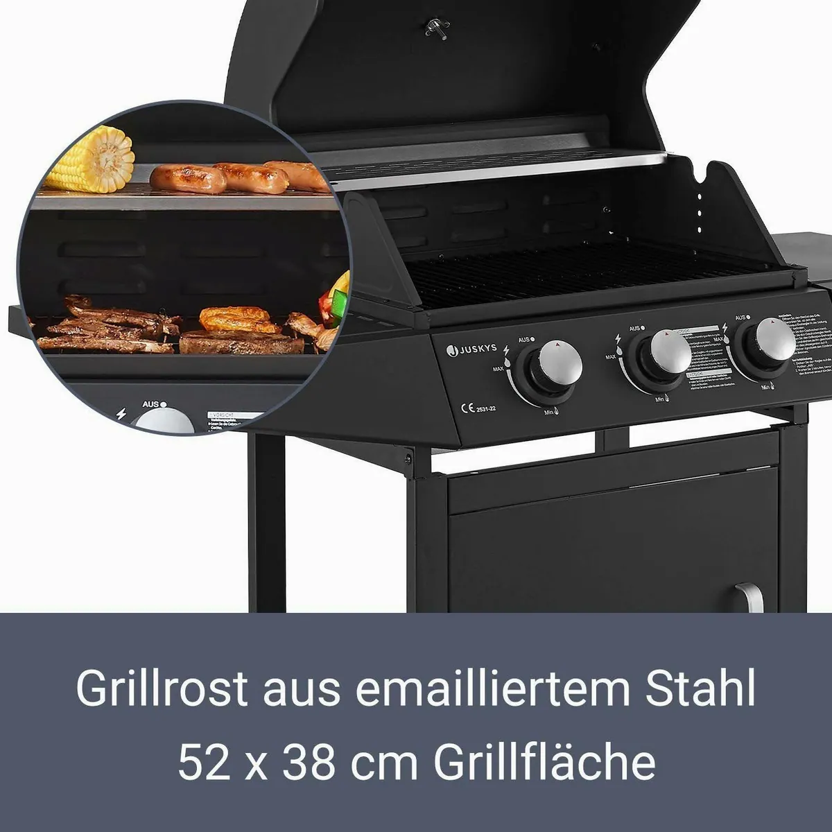 Juskys Gasgrill Louisiana, 3 Brenner, 8,1 kW, emaillierter Grillrost 5