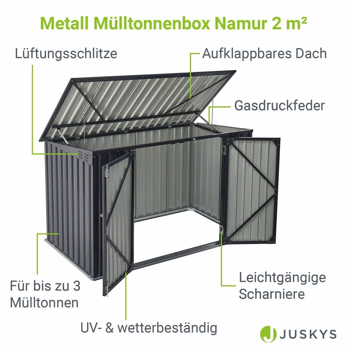 Juskys Mülltonnenbox Namur, stabil, mit Gasdruckfeder und Lüftungsschlitzen 3