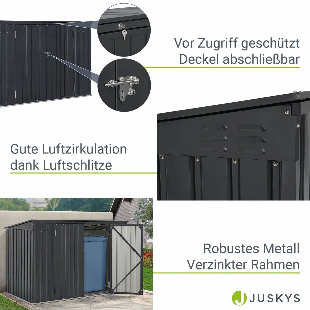 Juskys Mülltonnenbox Namur, stabil, mit Gasdruckfeder und Lüftungsschlitzen 5