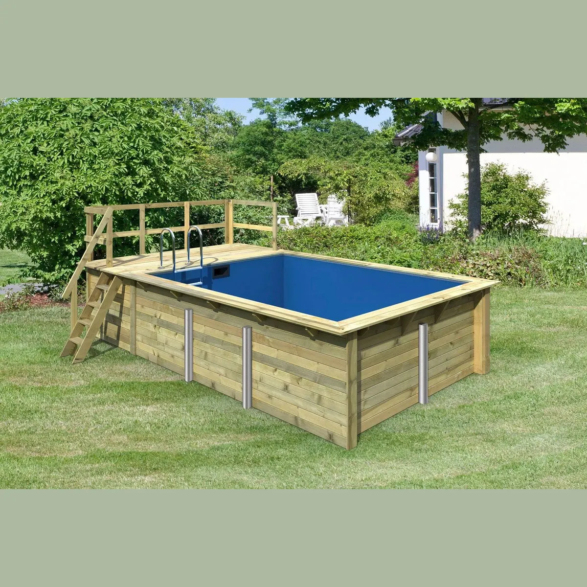 Karibu Roma Holzpool, rechteckig 353x400 cm, kesseldruckimprägniert mit Sonnenterrasse 2