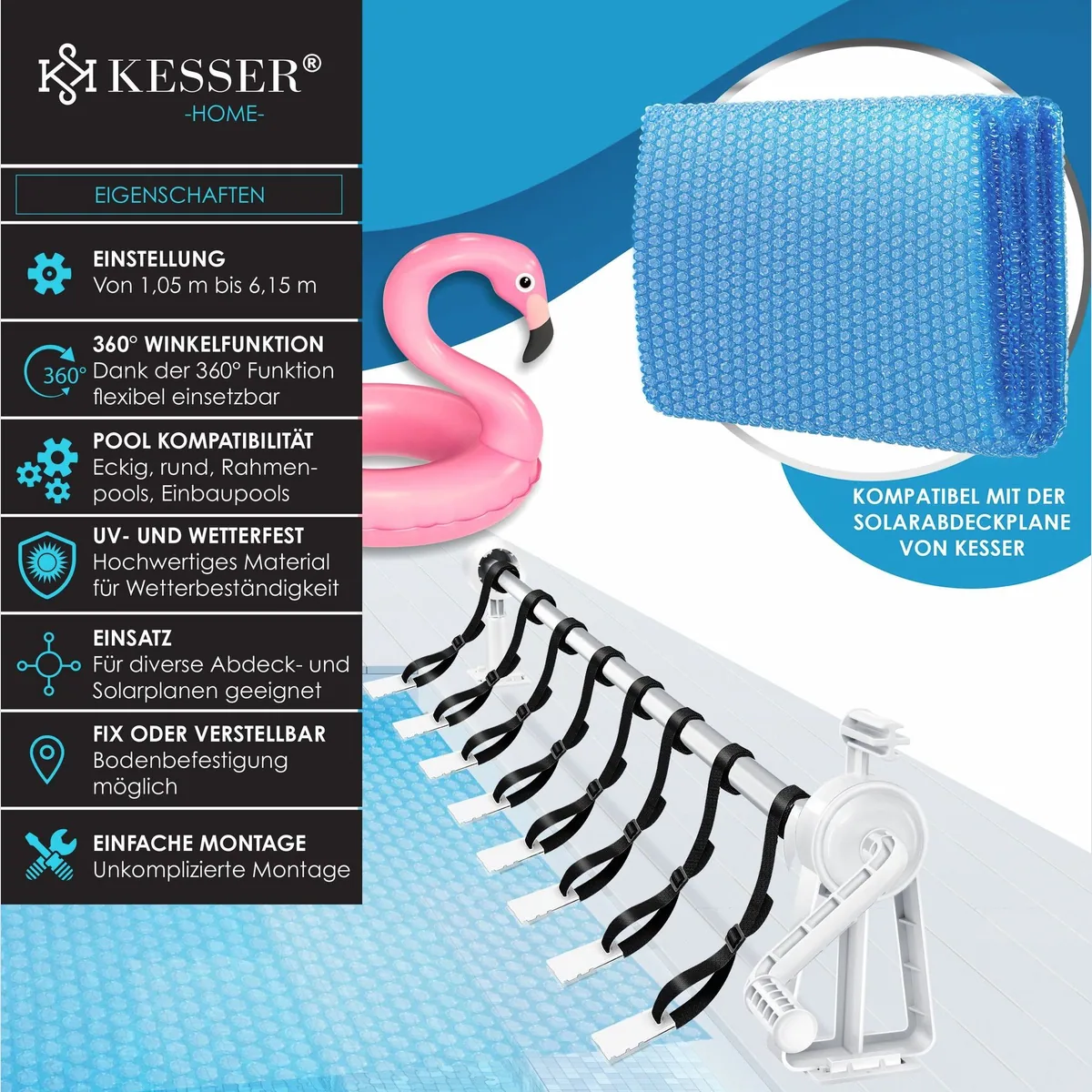 KESSER Poolaufroller Premium, 1,05m – 6,15m einstellbar, UV- und wetterfest 2