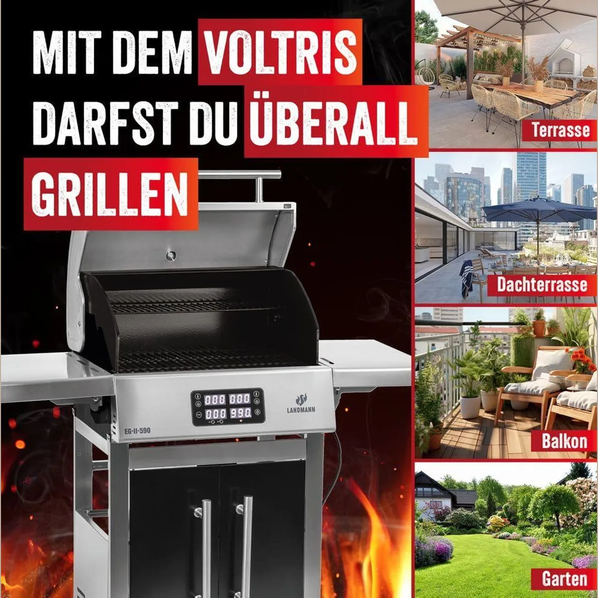 LANDMANN VOLTRIS Elektro-Grillwagen, stufenlose Temperaturregelung bis 300 °C — inkl. 2 Fleischthermometern 2