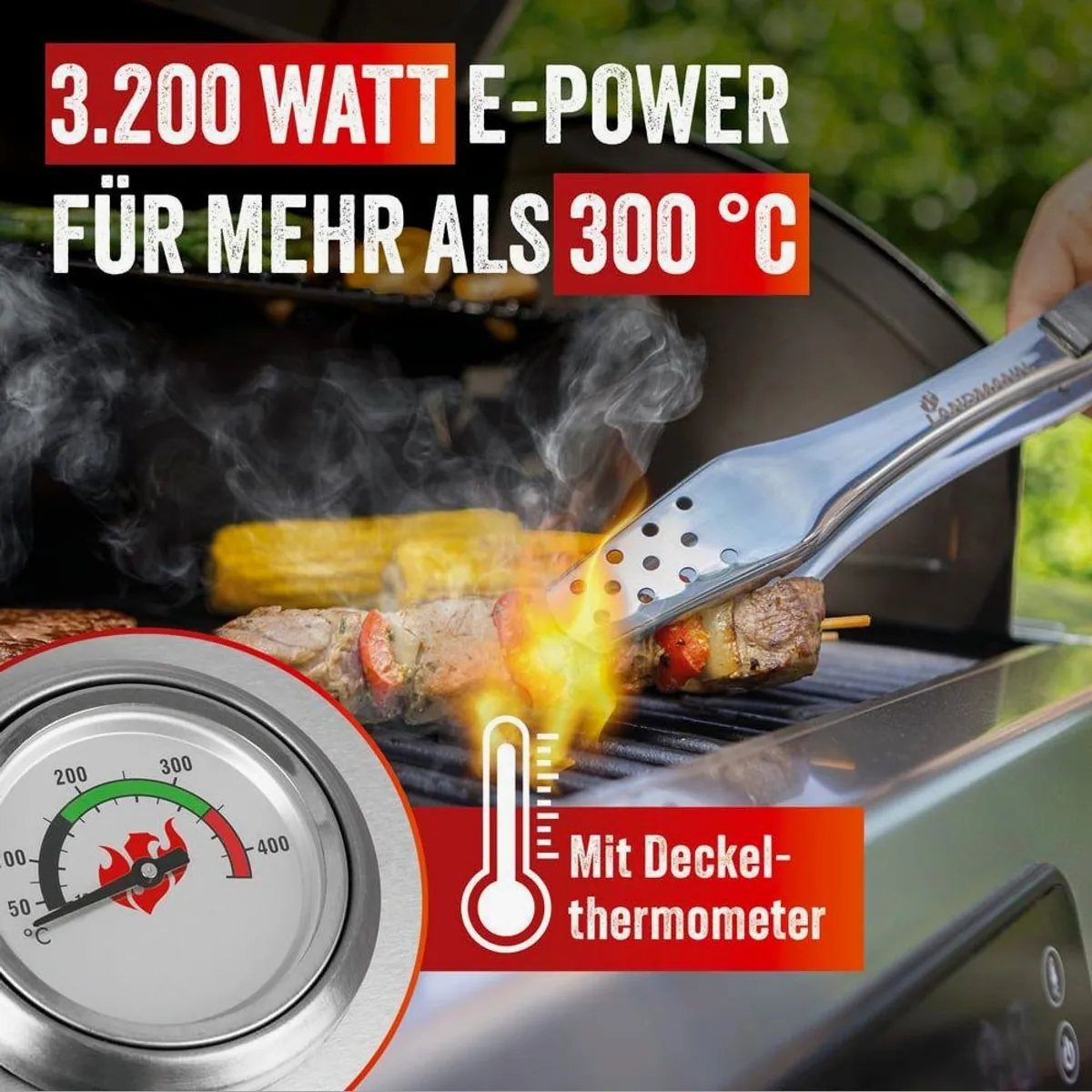LANDMANN VOLTRIS Elektro-Grillwagen, stufenlose Temperaturregelung bis 300 °C — inkl. 2 Fleischthermometern 3