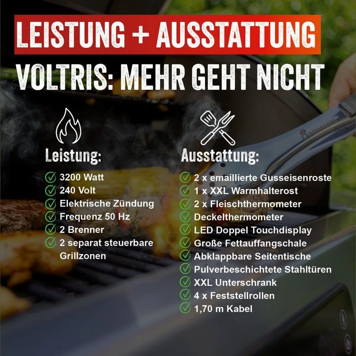 LANDMANN VOLTRIS Elektro-Grillwagen, stufenlose Temperaturregelung bis 300 °C — inkl. 2 Fleischthermometern 5