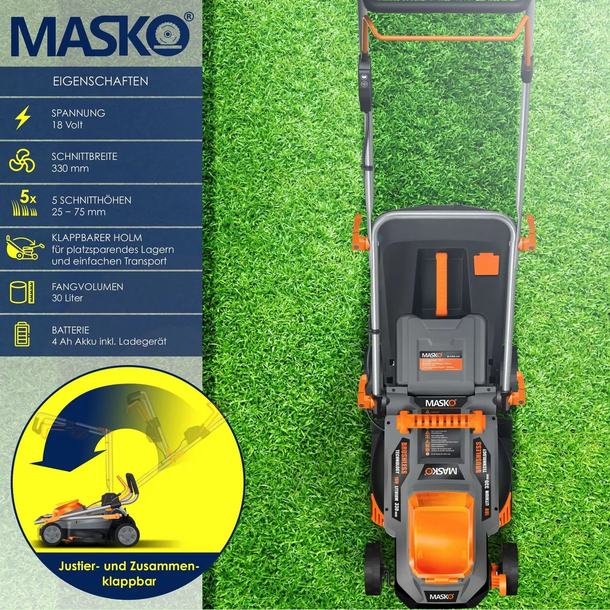 MASKO Akku Rasenmäher ECO-X10, 2 Akkus & verstellbare Schnitthöhe — geräuscharm & kabellos 2