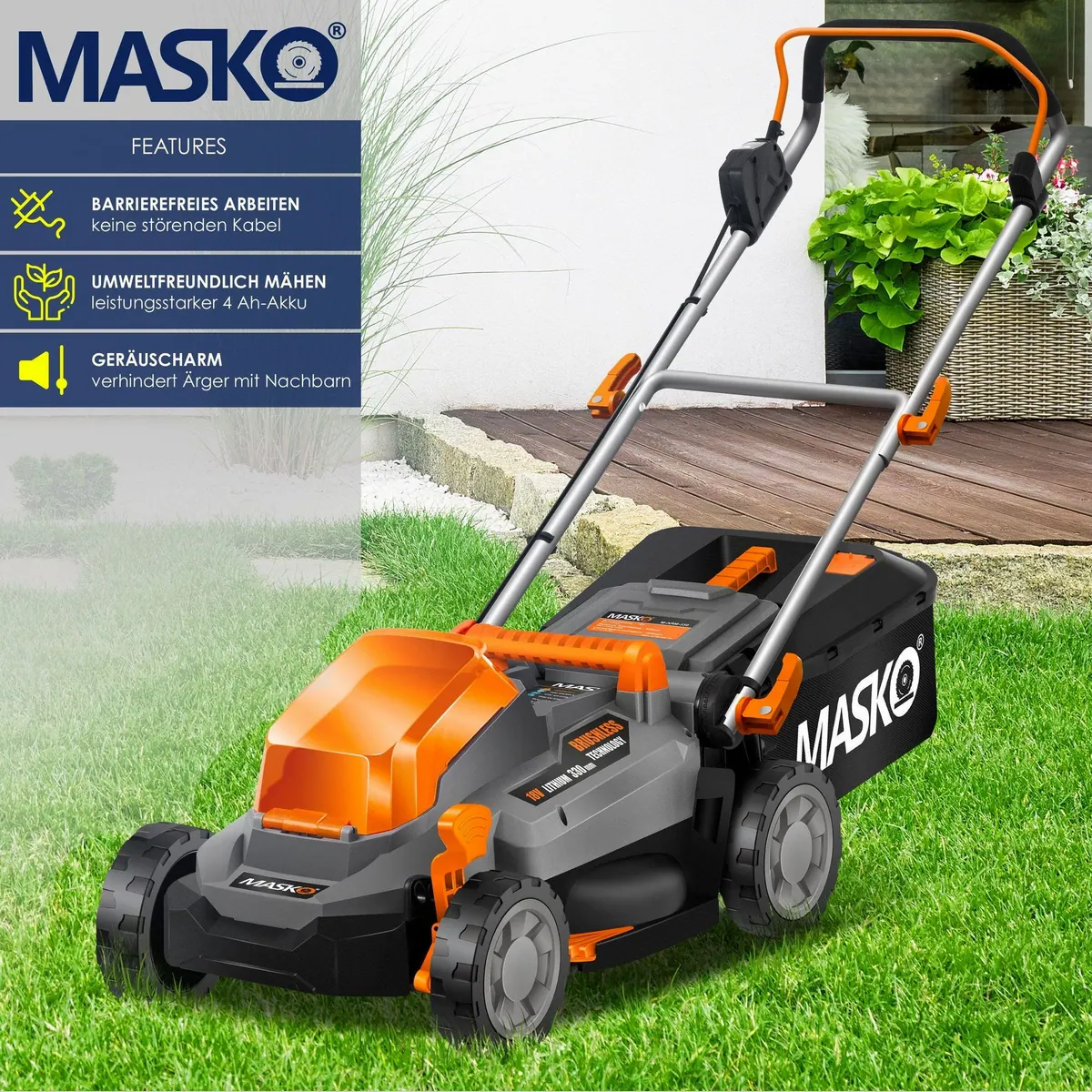 MASKO Akku Rasenmäher ECO-X10, 2 Akkus & verstellbare Schnitthöhe — geräuscharm & kabellos 3