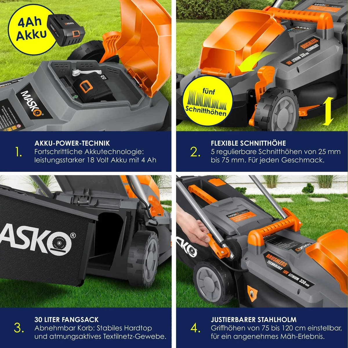MASKO Akku Rasenmäher ECO-X10, 2 Akkus & verstellbare Schnitthöhe — geräuscharm & kabellos 4