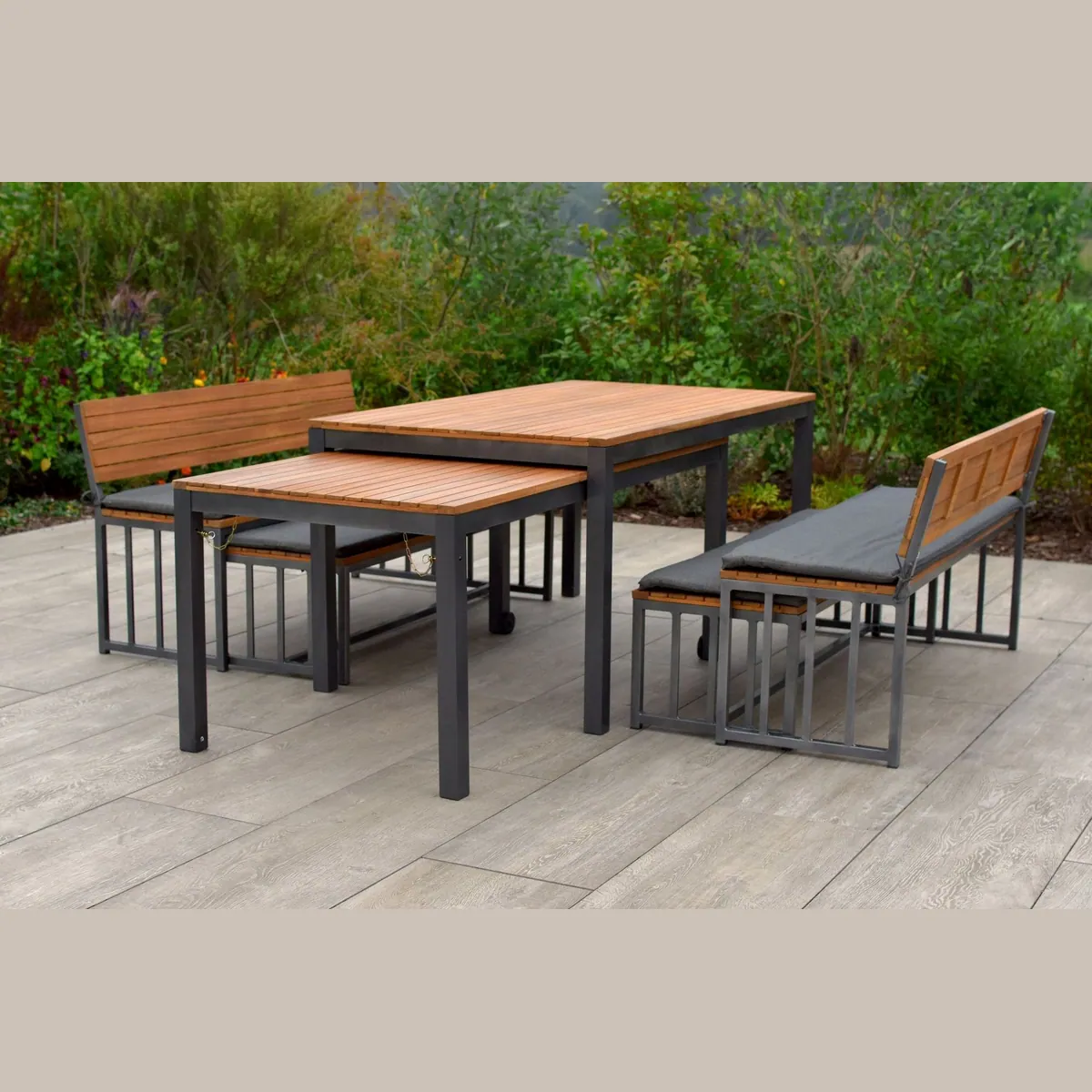 MERXX Garten-Essgruppe Milos, 10-tlg, 4 Bänke, 2 Tische, inkl. Sitzkissen 3