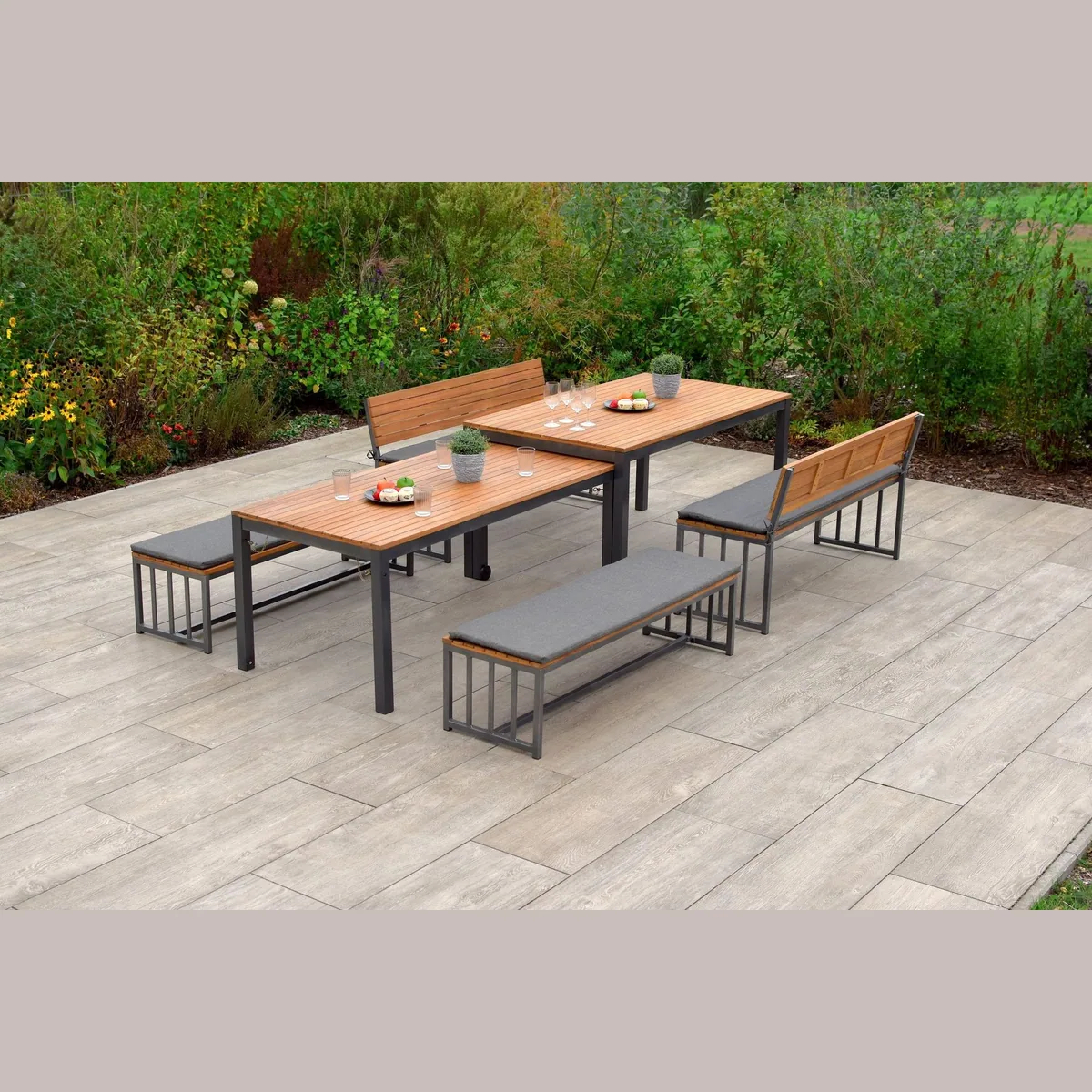 MERXX Garten-Essgruppe Milos, 10-tlg, 4 Bänke, 2 Tische, inkl. Sitzkissen 4