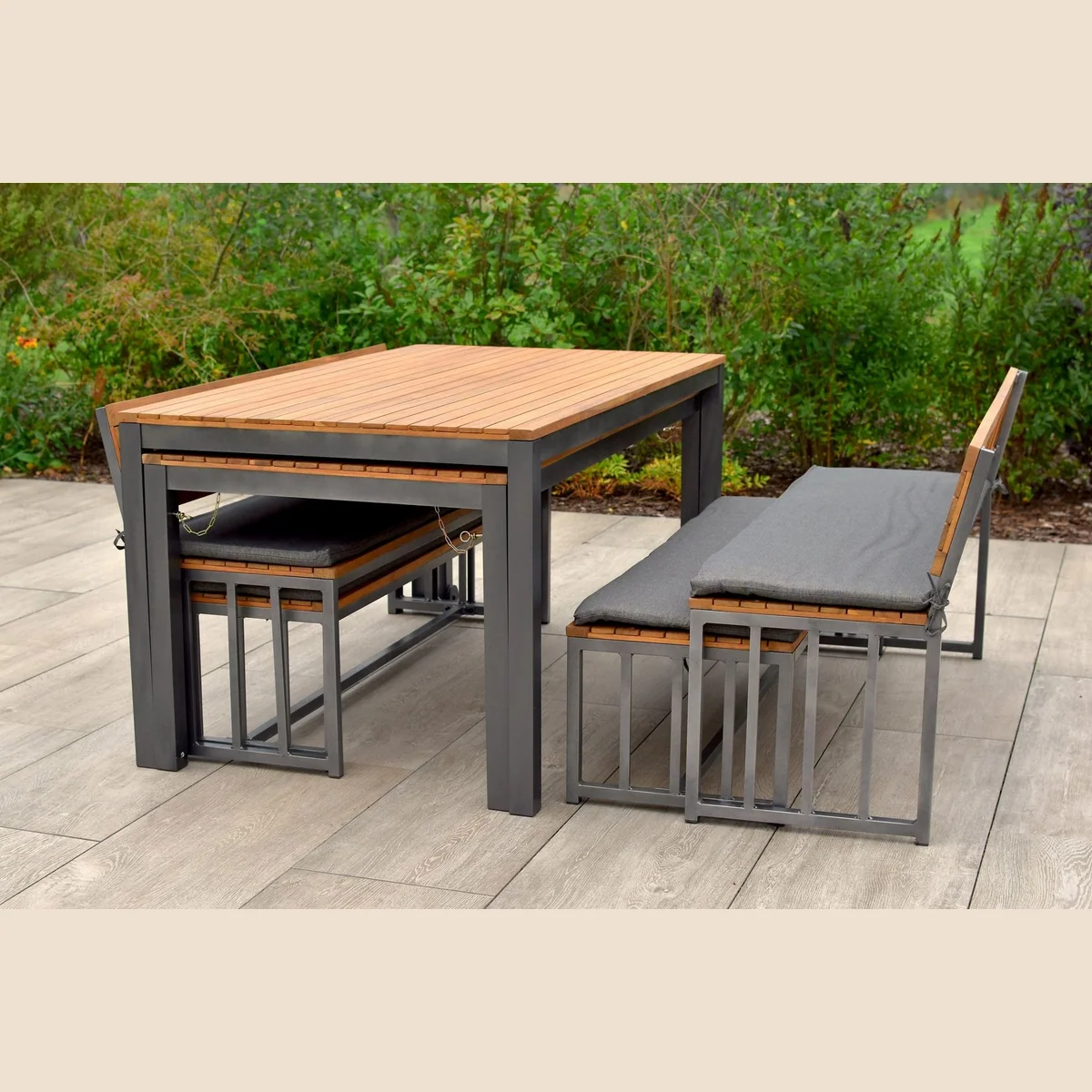 MERXX Garten-Essgruppe Milos, 10-tlg, 4 Bänke, 2 Tische, inkl. Sitzkissen 5