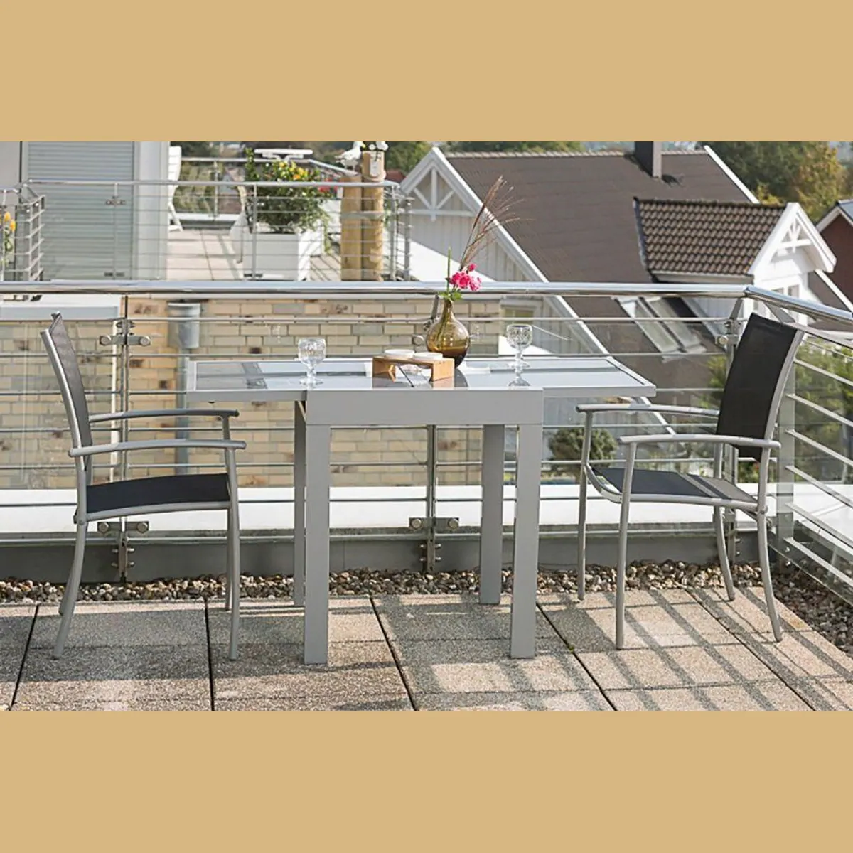 MERXX Milano Balkonset, 3-teilig, ausziehbarer Tisch, wetterfestes Alu — modern, platzsparend, bequem