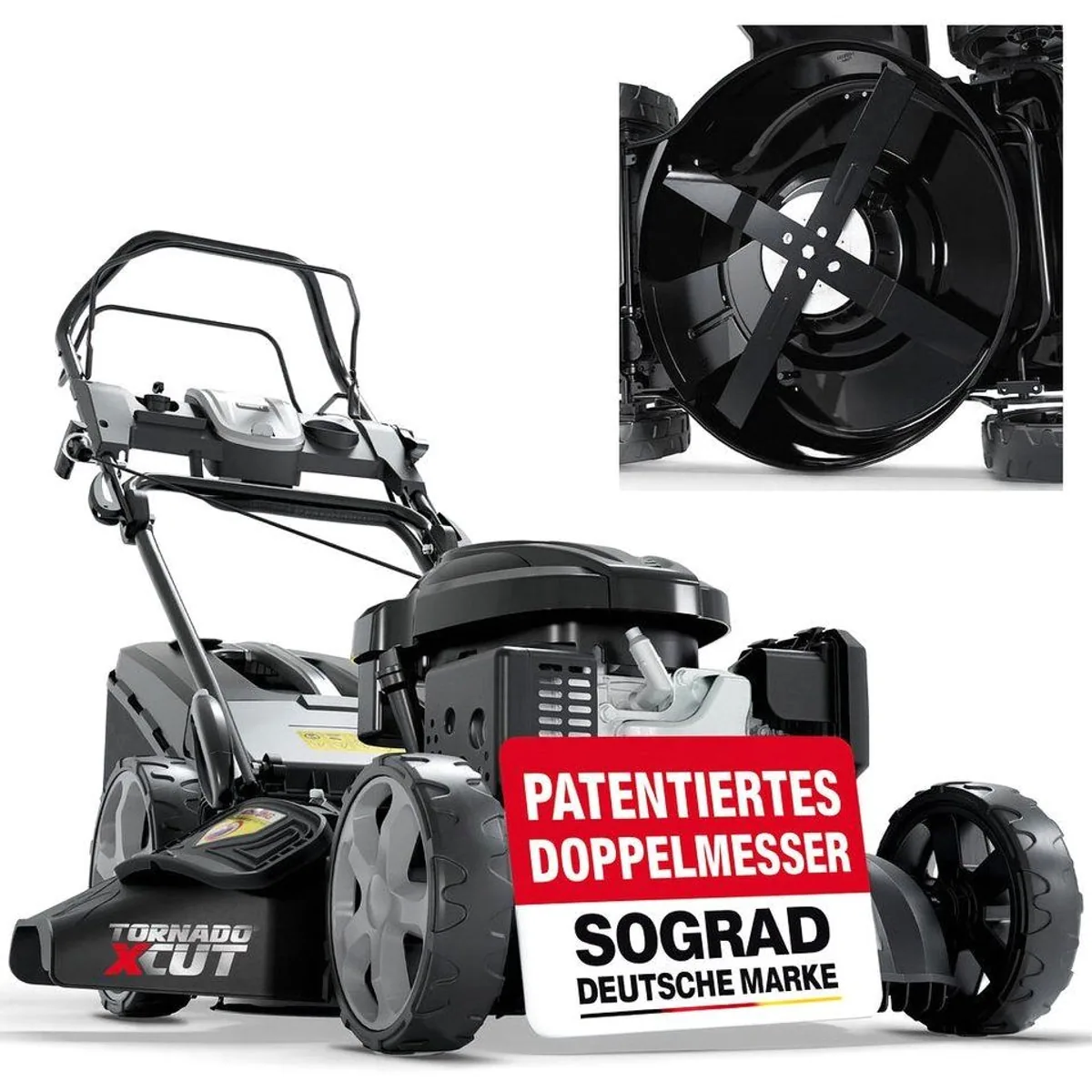 Onbest Tornado X-Cut Benzinrasenmäher, 5in1-Funktion, 6,5 PS — Elektrostart, Doppelmesser, 53 cm Schnittbreite
