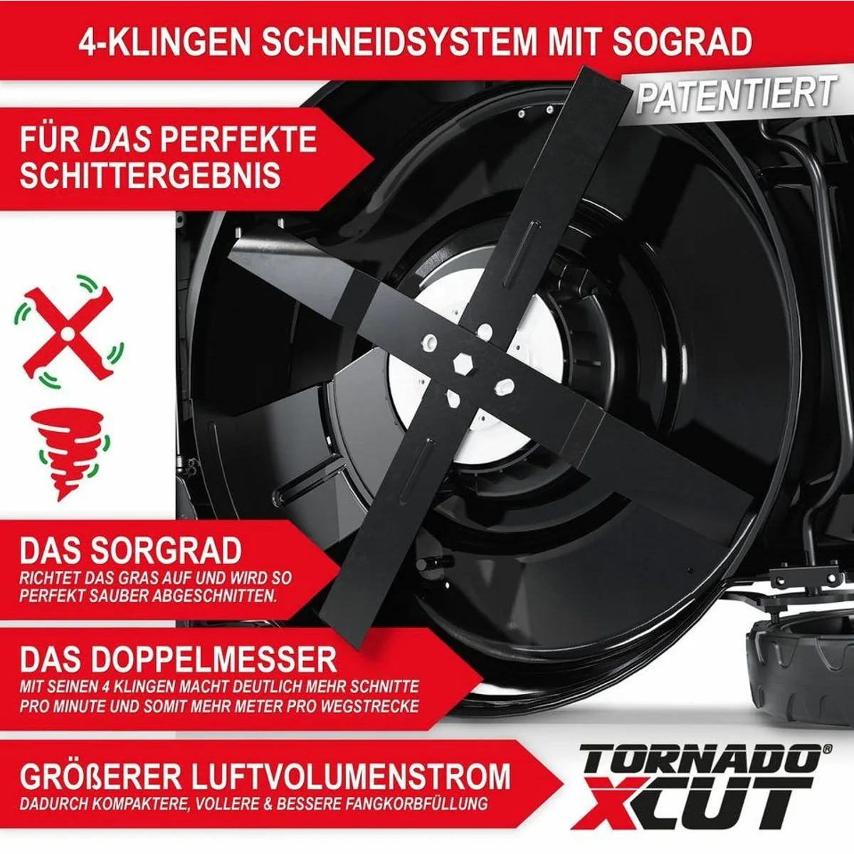 Onbest Tornado X-Cut Benzinrasenmäher, 5in1-Funktion, 6,5 PS — Elektrostart, Doppelmesser, 53 cm Schnittbreite 2