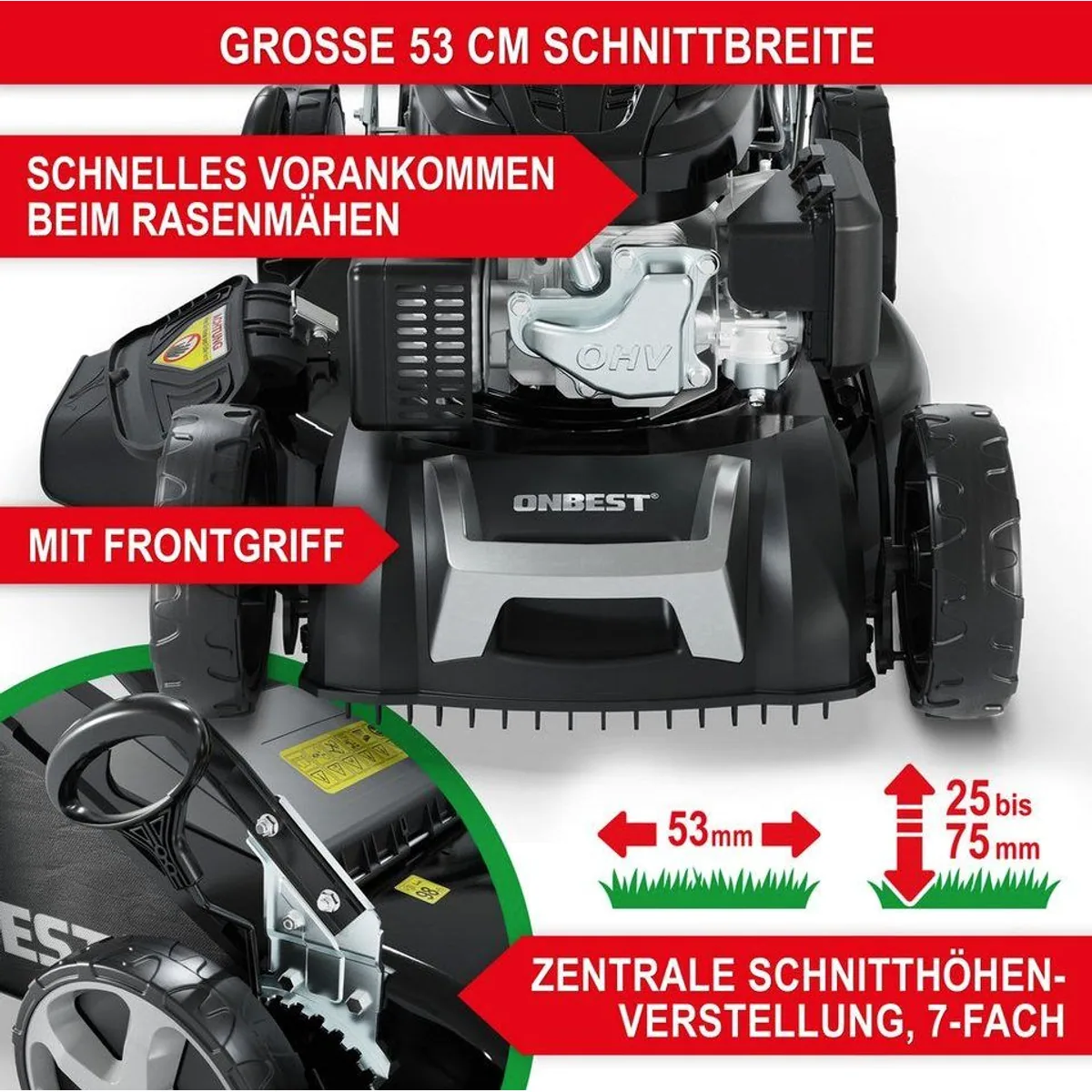 Onbest Tornado X-Cut Benzinrasenmäher, 5in1-Funktion, 6,5 PS — Elektrostart, Doppelmesser, 53 cm Schnittbreite 3