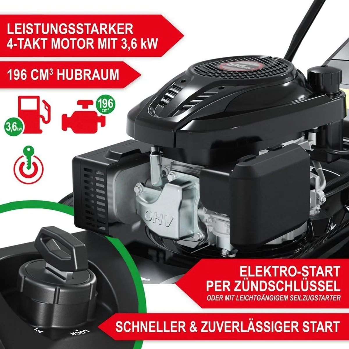 Onbest Tornado X-Cut Benzinrasenmäher, 5in1-Funktion, 6,5 PS — Elektrostart, Doppelmesser, 53 cm Schnittbreite 4