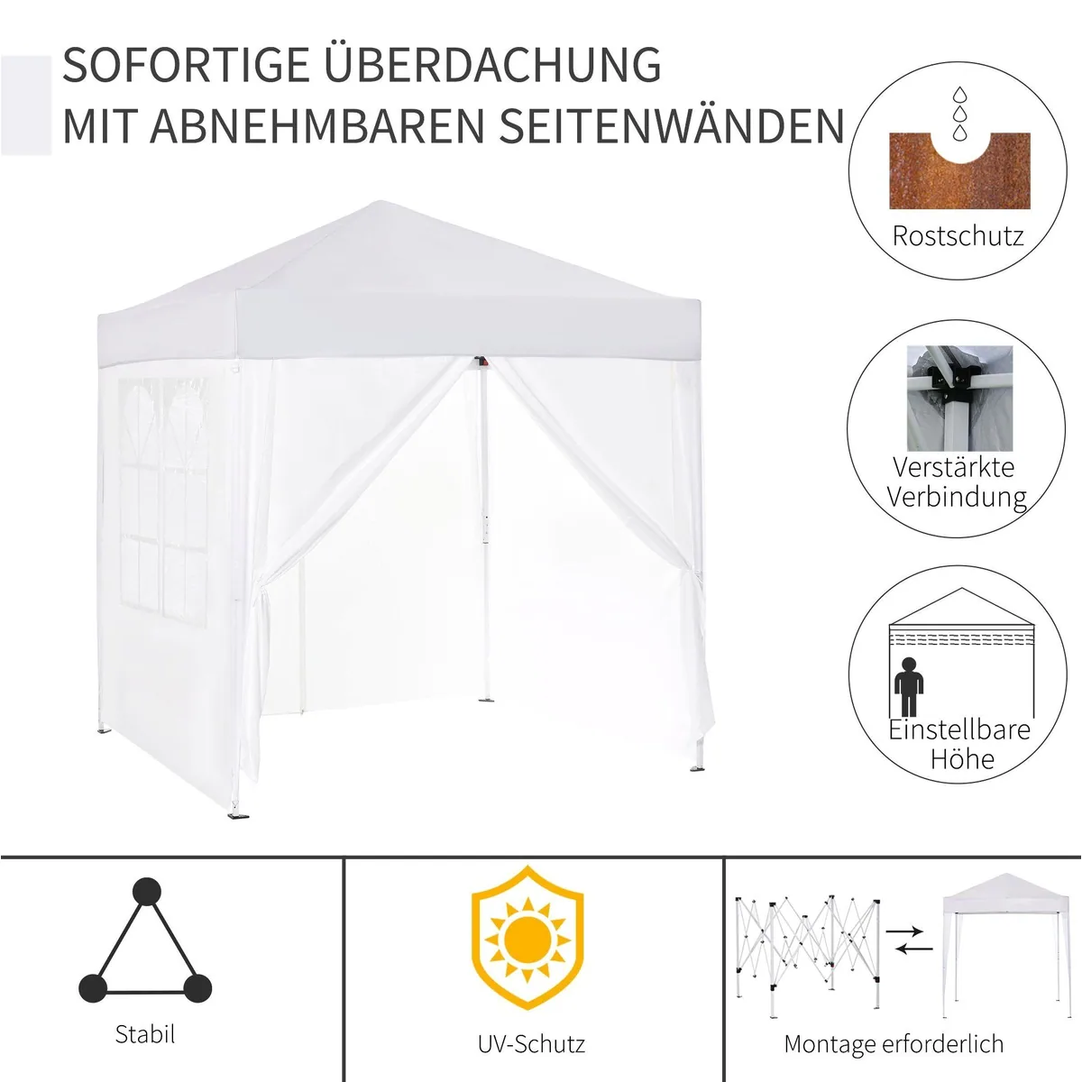 Outsunny Faltpavillon 2x2m, stabiler Stahlrahmen, UV-Schutz, mit 4 Seitenteilen 4