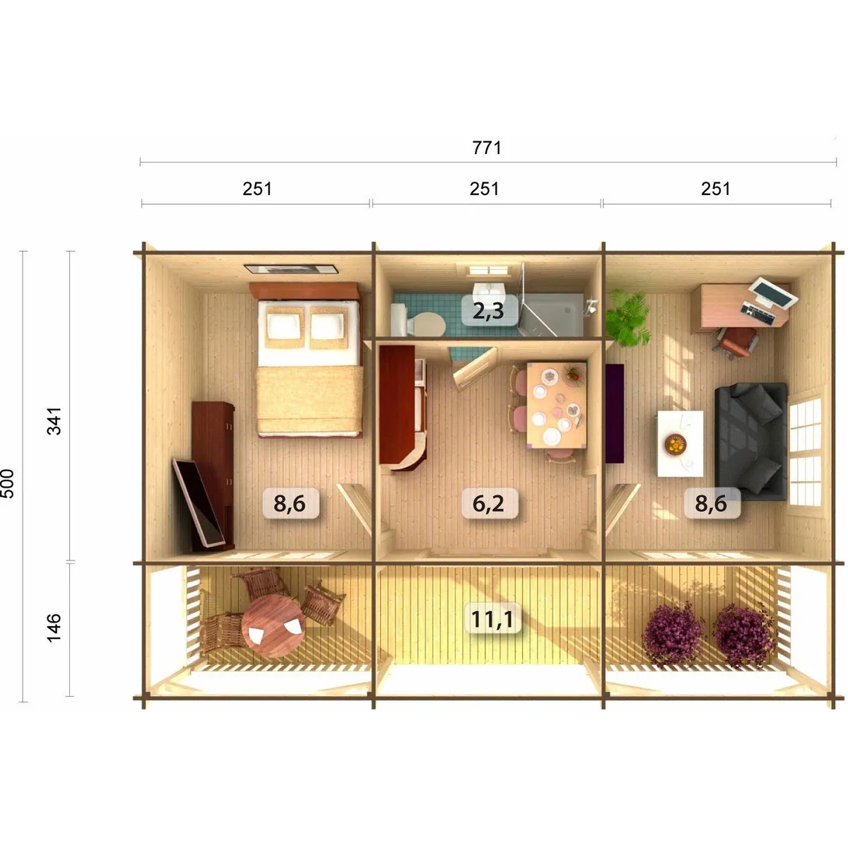 Palmako Gartenhaus Sandra, 791x370 cm, robustes Blockbohlen-System 4