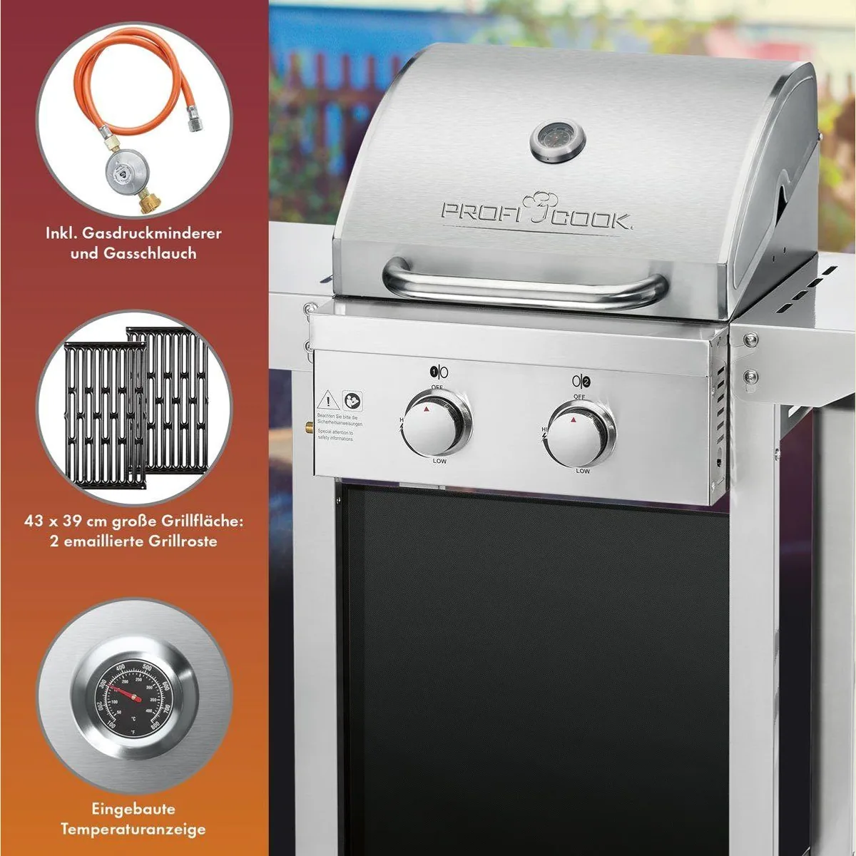ProfiCook PC-GG 1255 Gasgrill, 2 Heizzonen, klappbare Seitentische 2