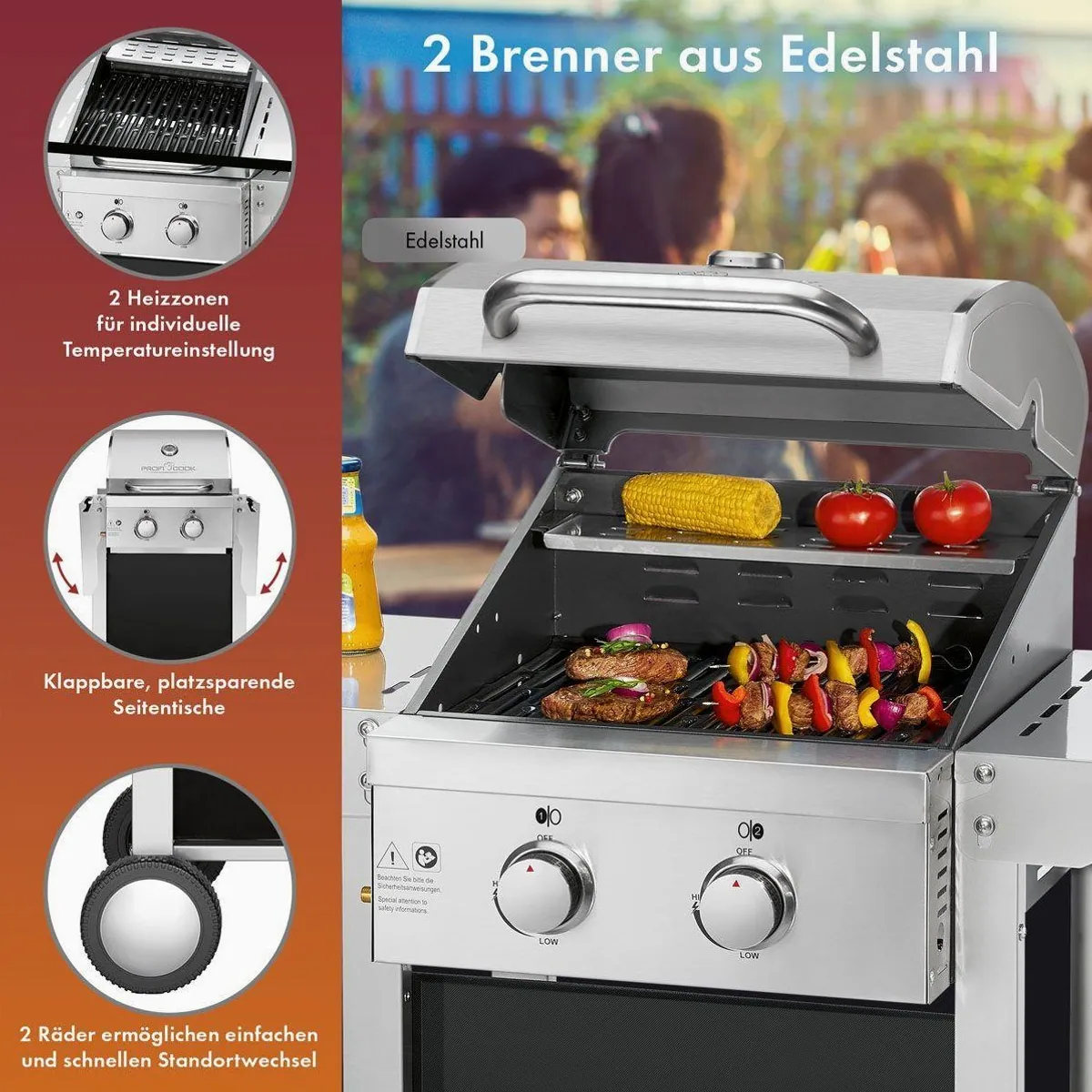 ProfiCook PC-GG 1255 Gasgrill, 2 Heizzonen, klappbare Seitentische 3