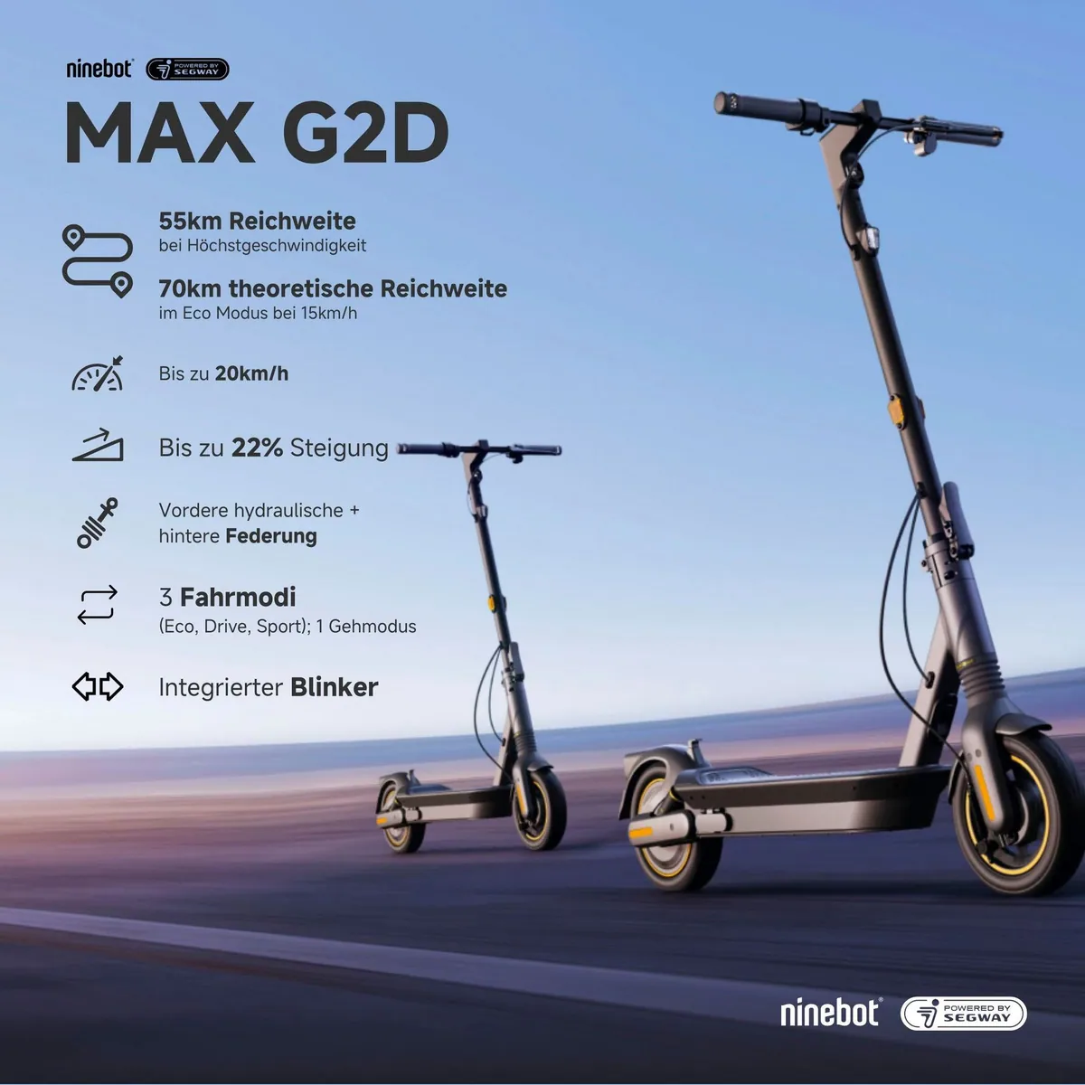Segway Ninebot KickScooter MAX G2, bis 70 km Reichweite, 20 km/h schnell, Straßenzulassung 2
