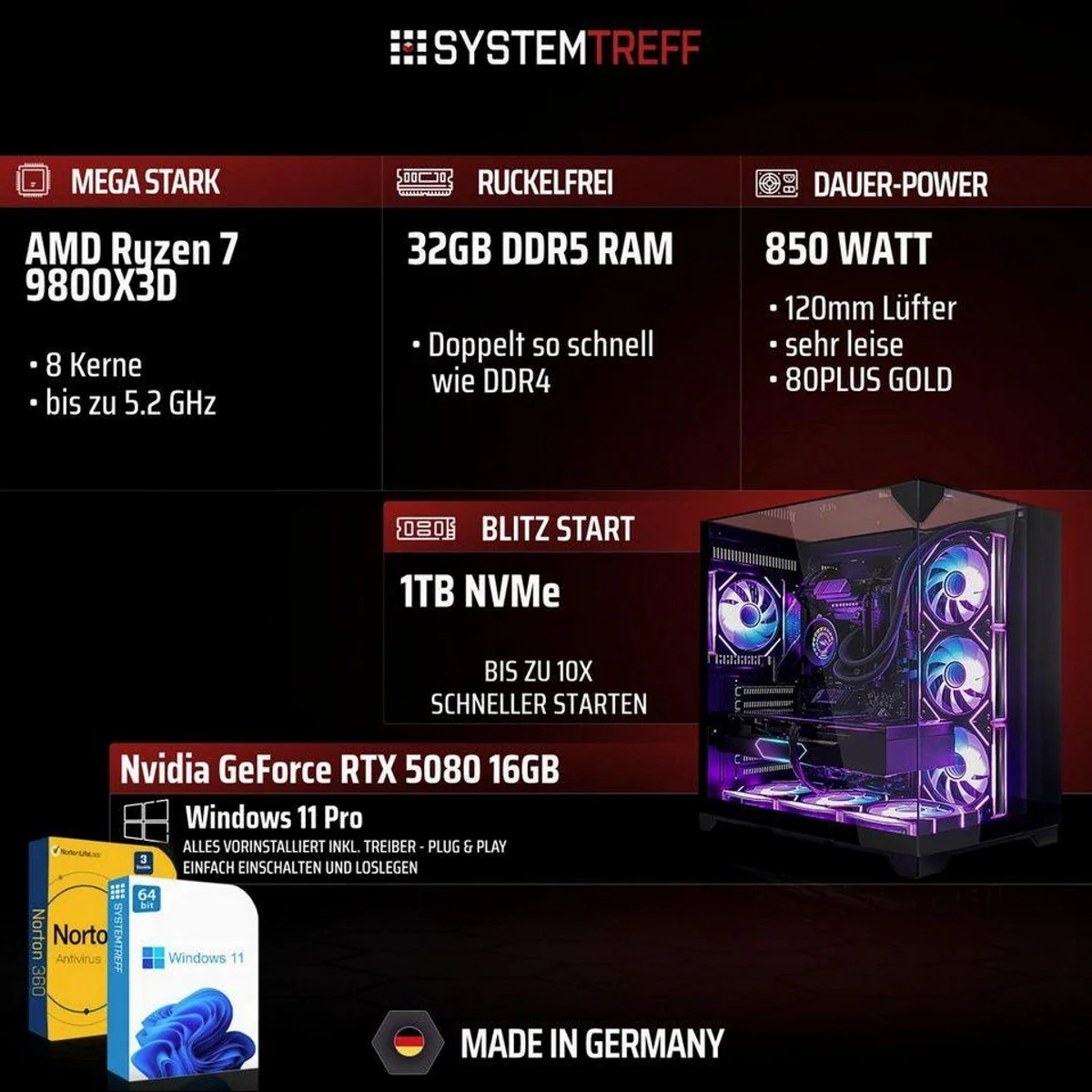 SYSTEMTREFF AMD Ryzen 7 9800X3D Gaming-PC, 16GB RTX 5080, 32GB RAM, 1TB SSD 3