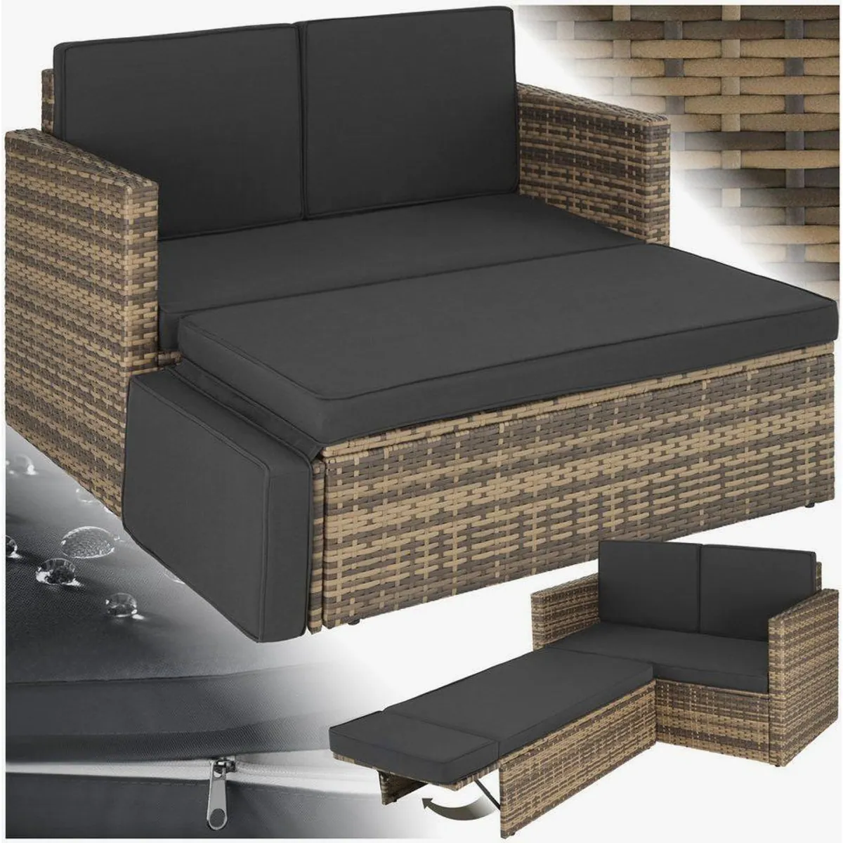 tectake Korfu Rattan Lounge, 2-teilig, UV-beständiges Geflecht für Garten und Balkon