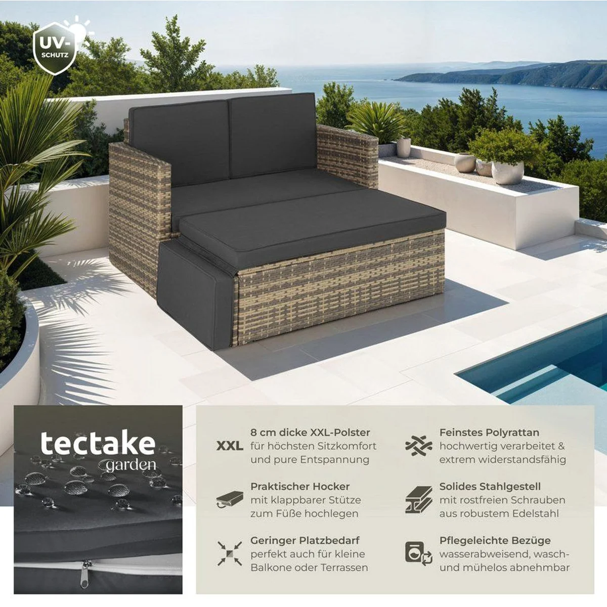 tectake Korfu Rattan Lounge, 2-teilig, UV-beständiges Geflecht für Garten und Balkon 2