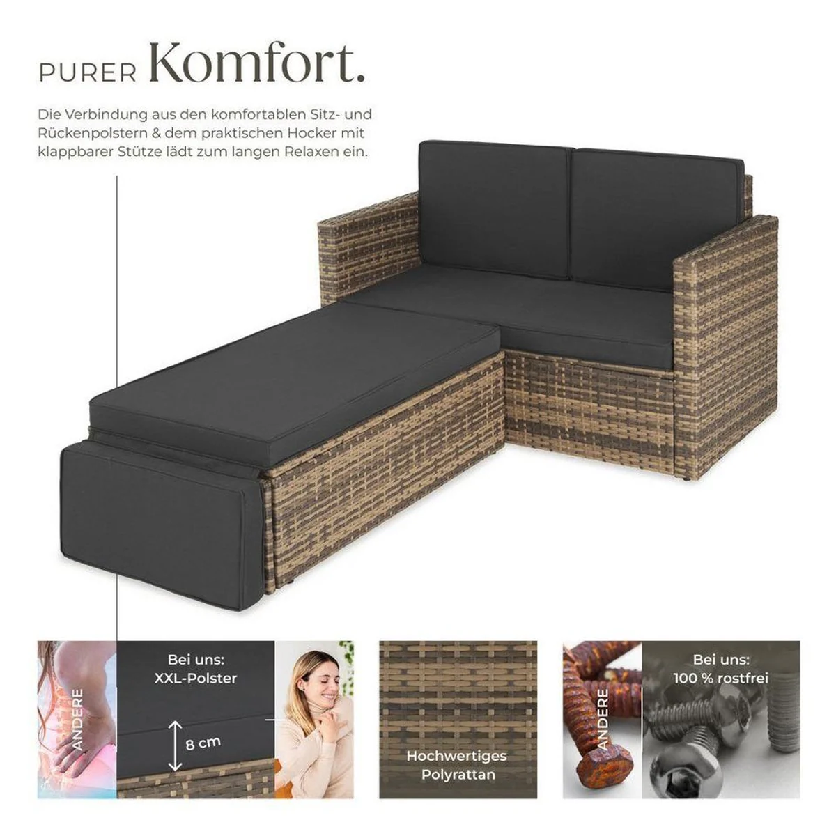 tectake Korfu Rattan Lounge, 2-teilig, UV-beständiges Geflecht für Garten und Balkon 3