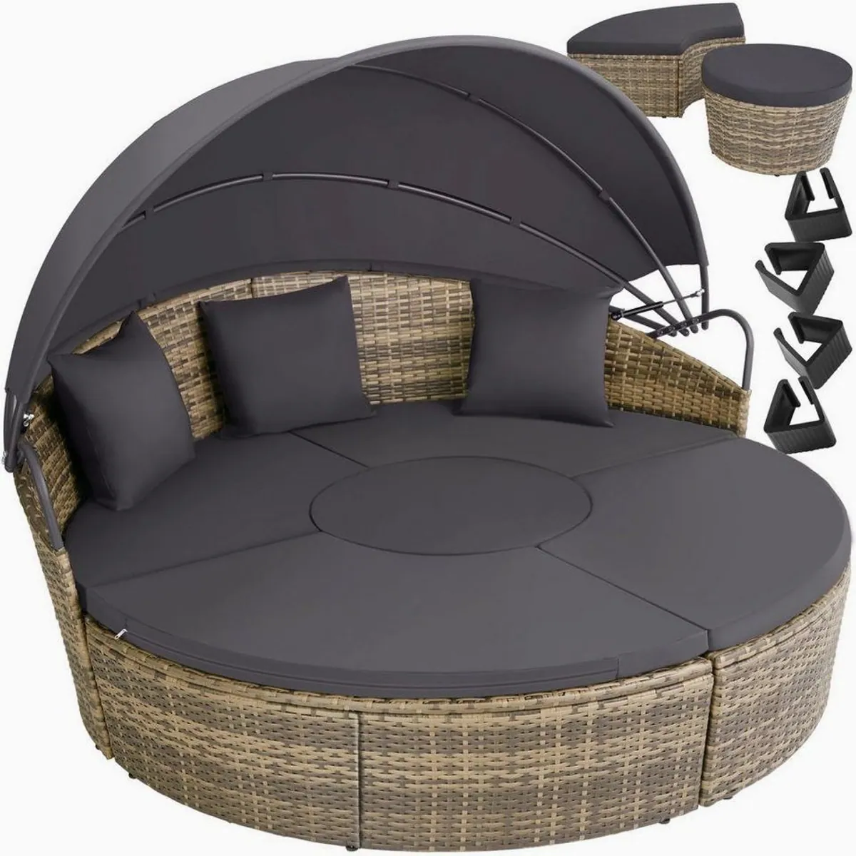 tectake Santorin Rattan Sonneninsel, UV-beständig, faltbares Dach, 5-tlg.