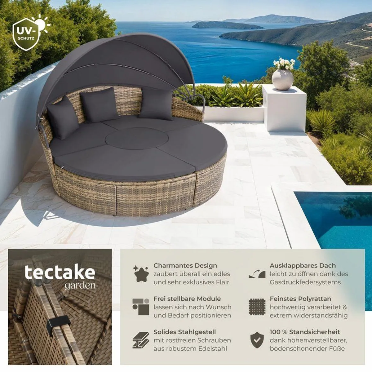 tectake Santorin Rattan Sonneninsel, UV-beständig, faltbares Dach, 5-tlg. 2