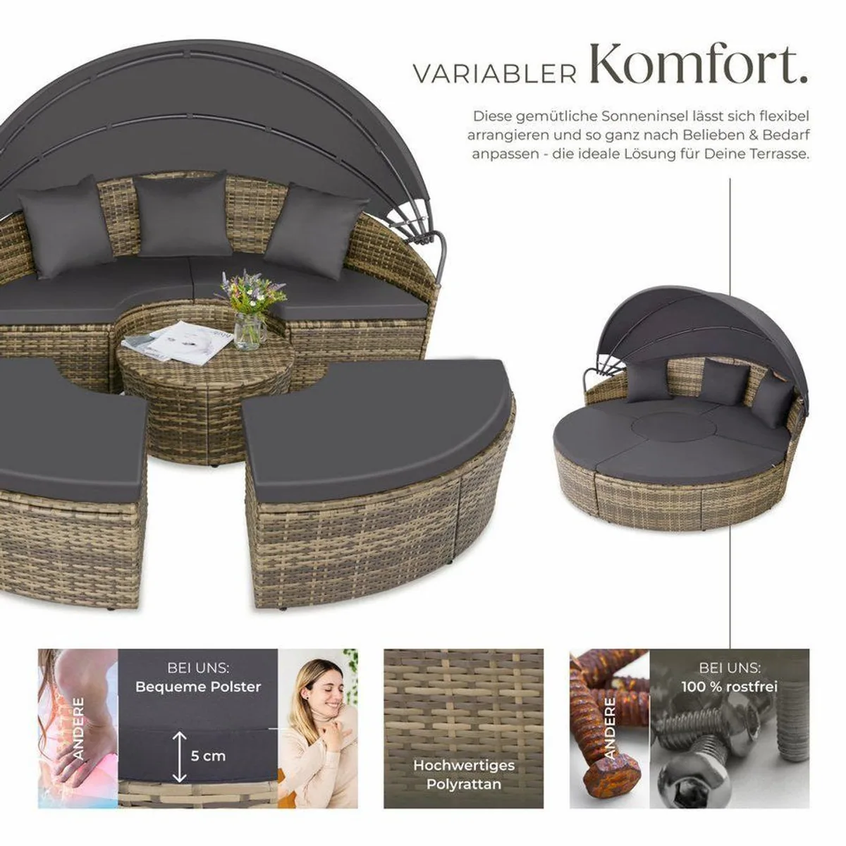tectake Santorin Rattan Sonneninsel, UV-beständig, faltbares Dach, 5-tlg. 3