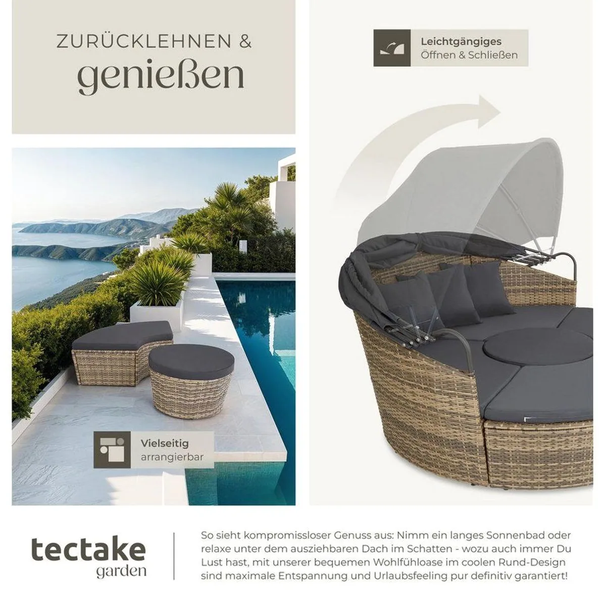 tectake Santorin Rattan Sonneninsel, UV-beständig, faltbares Dach, 5-tlg. 4