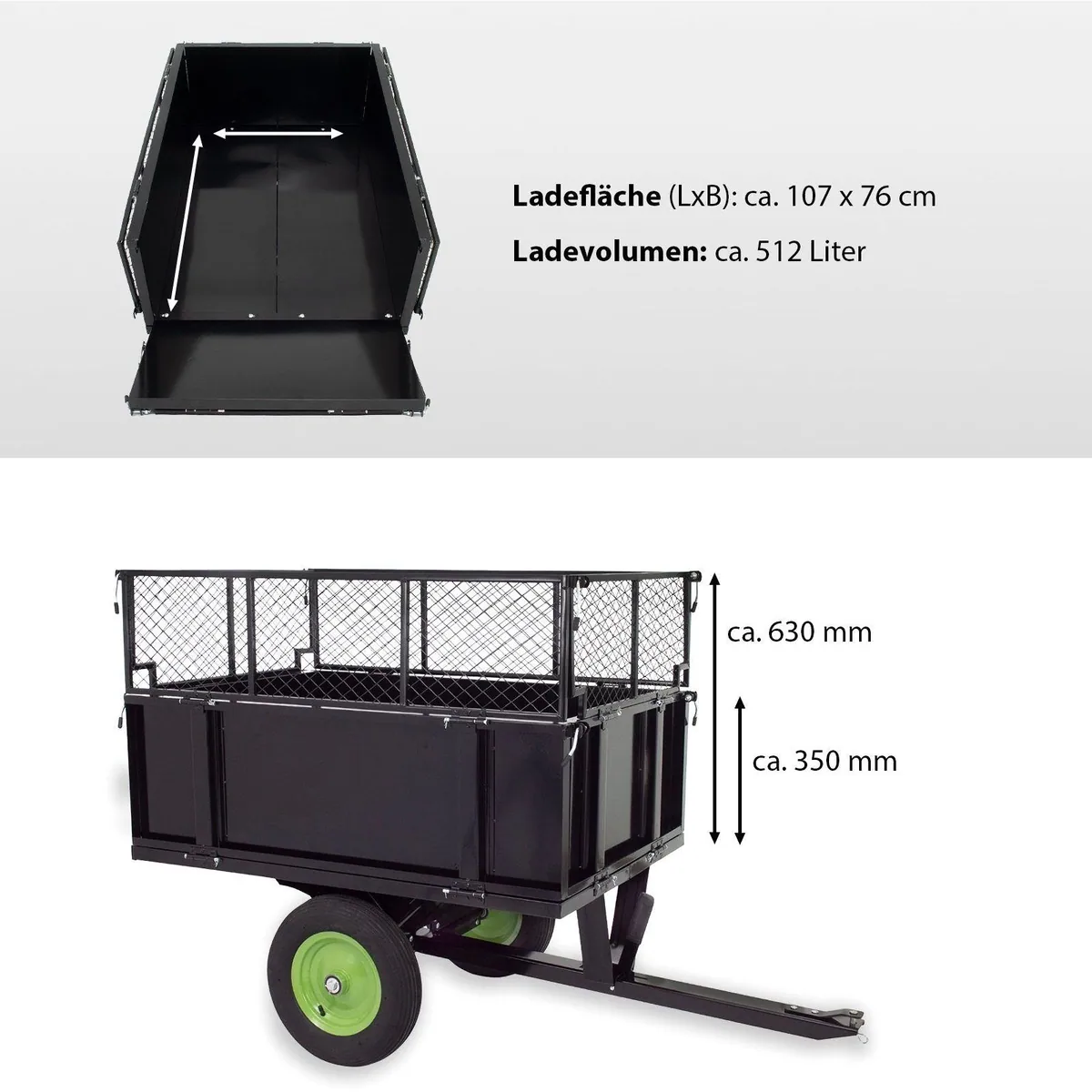 TRUTZHOLM Rasentraktor Anhänger, kippbar, 300 kg Tragkraft, abnehmbare Seitenwände 4