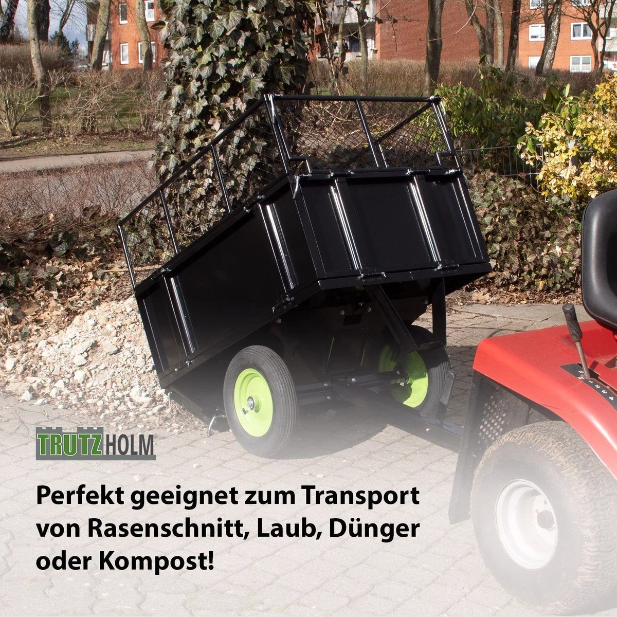 TRUTZHOLM Rasentraktor Anhänger, kippbar, 300 kg Tragkraft, abnehmbare Seitenwände 5