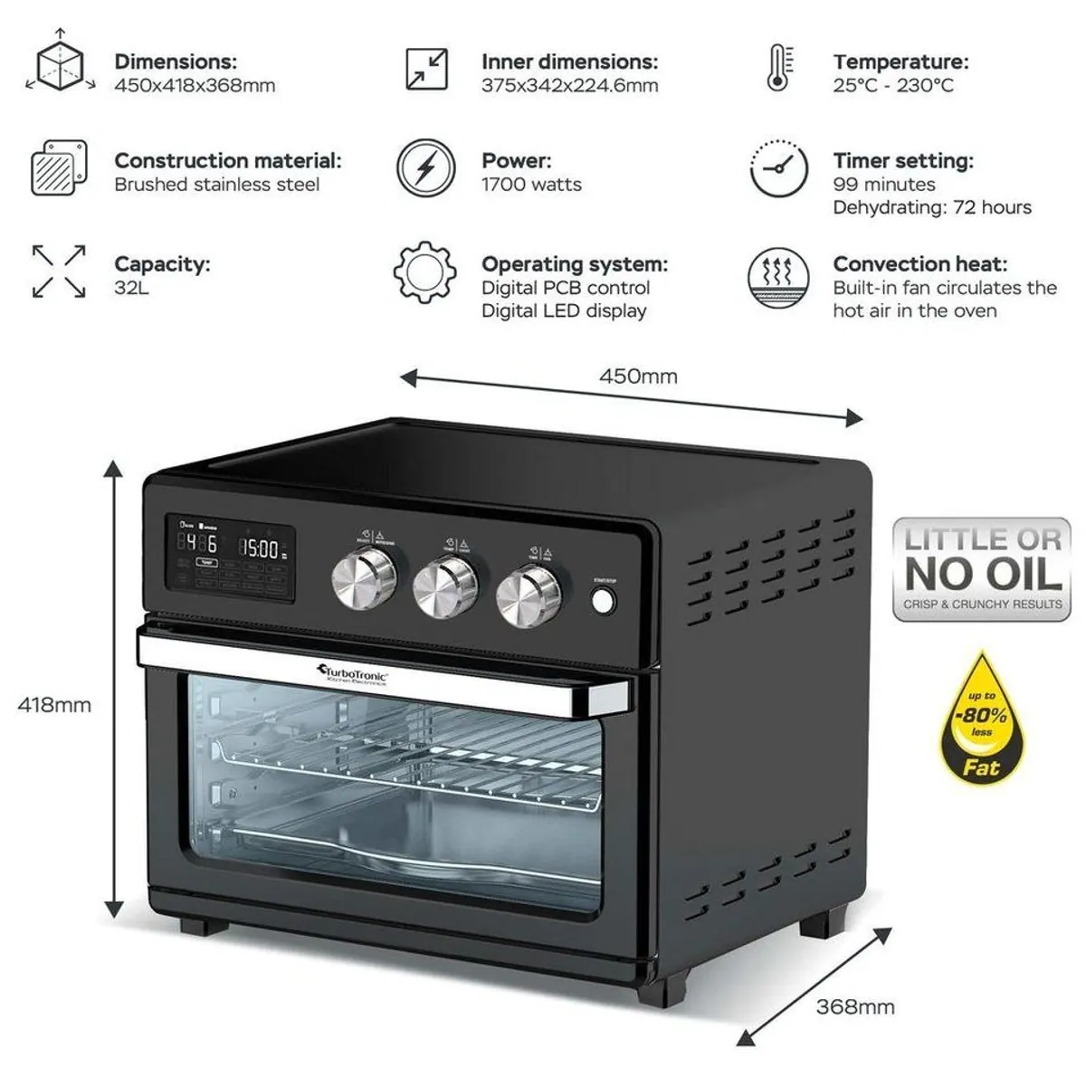 TurboTronic by Z-Line Minibackofen XL 32 L, Heißluftofen, Grill & Dörrfunktion 2