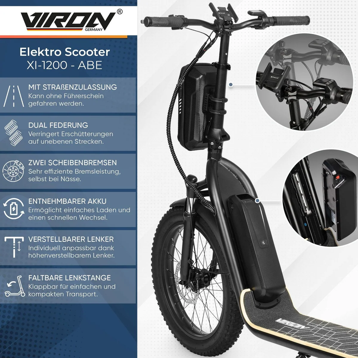 VIRON XI-1200-S E-Scooter, 500W Motor, höhenverstellbarer Lenker — Straßenzulassung ABE 2