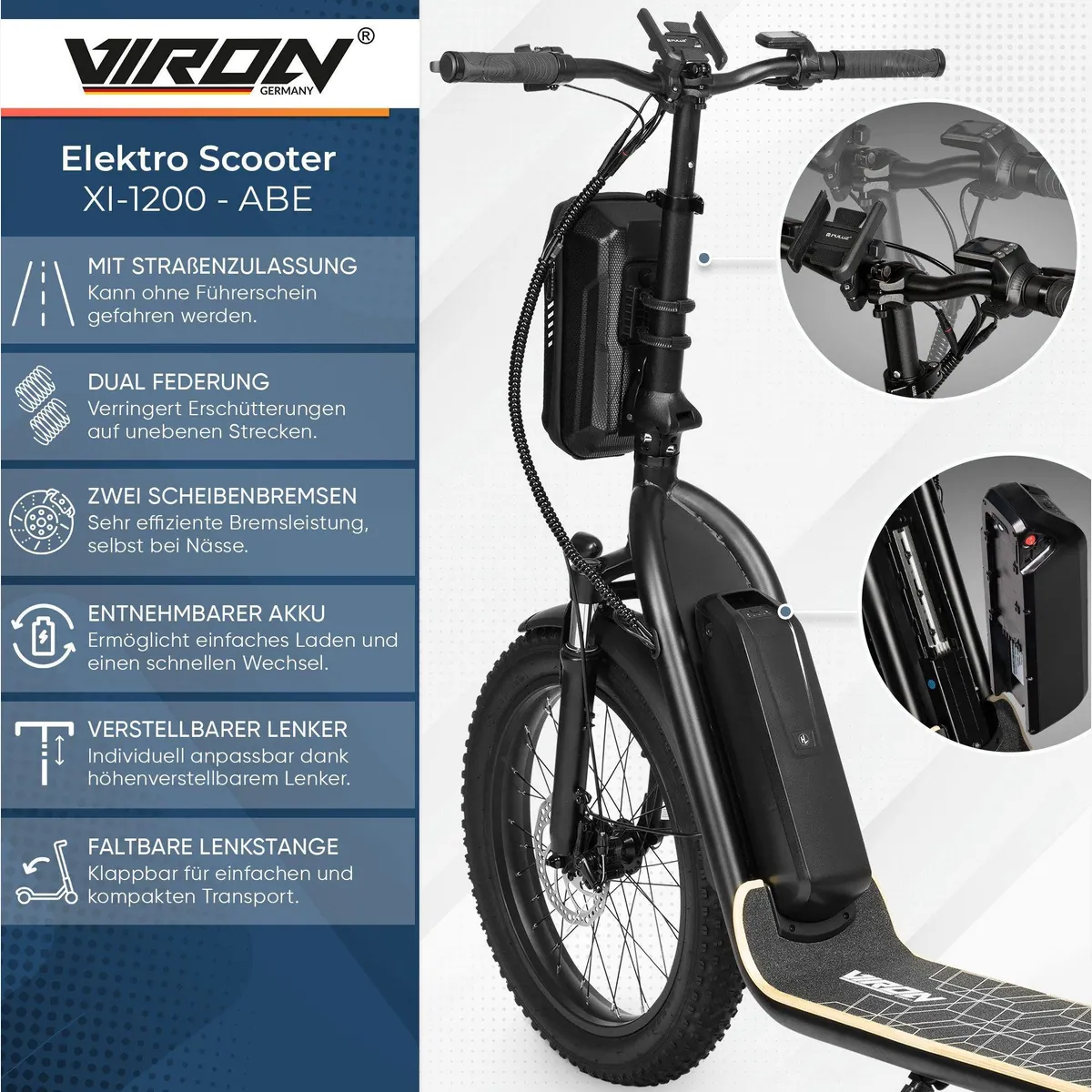 VIRON XI-1200-S LongRange E-Scooter, 20 km/h, 70 km Reichweite, ABE-zugelassen 2