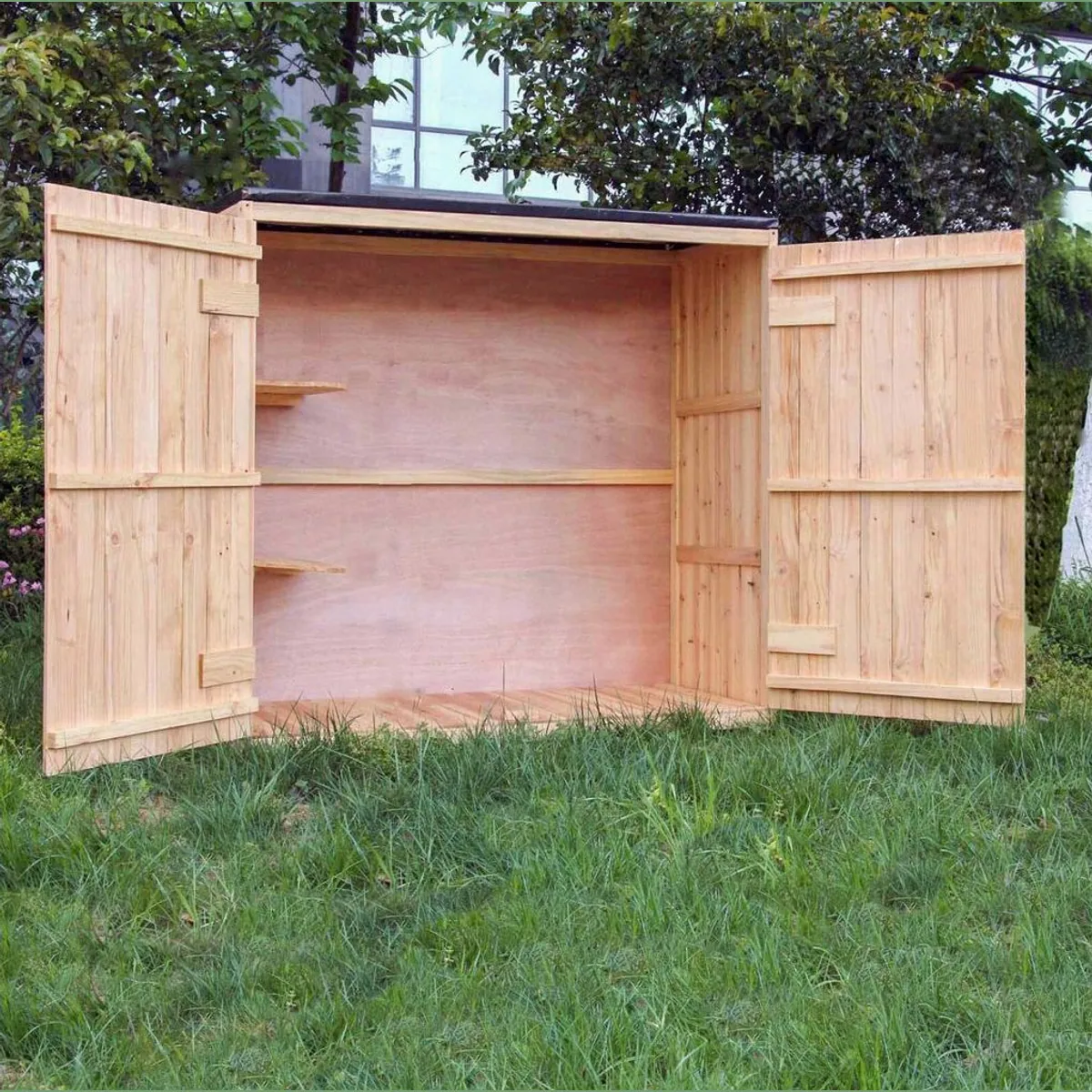 Wiltec Gartenschrank, lackiertes Holz, zwei Flügeltüren, inkl. Ablagen 2